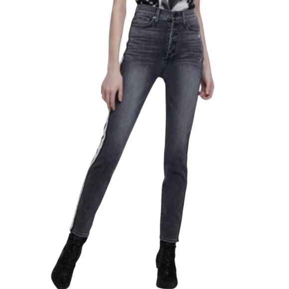 Alice + Olivia AO.LA Good High-Rise Exposed Button Skinny Jeans with Stripes - Picture 4 of 8